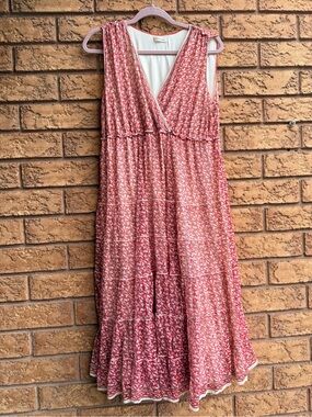 Max Studio Red and Pink Floral Sleeveless Tiered V-Neck Long Dress